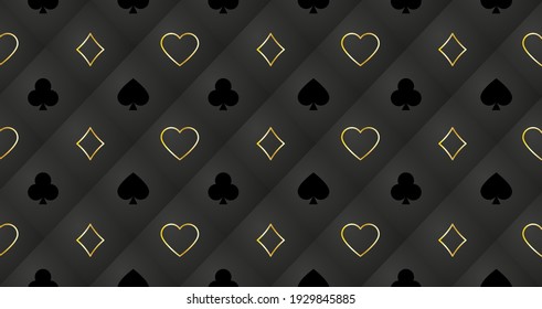 Patrón sin inconvenientes con signos de cartas de juego: corazones, pandereta de espadas y palos. Fondo de moda para carteles, afiches, telas, papel pintado, etc. Vector.