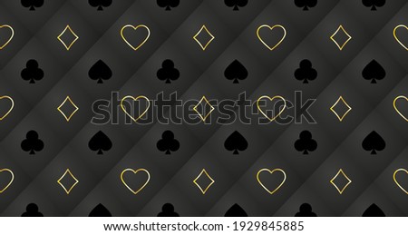 Seamless pattern with playing cards signs: hearts, tambourine of spades and clubs. Trendy background for banners, posters, fabrics, wallpapers, etc. Vector.
