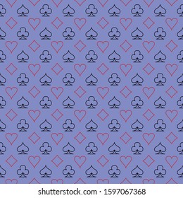 seamless pattern of playing cards suits. blue backdrop. poker deck signs and symbols. spades, hearts, clubs and diamonds.