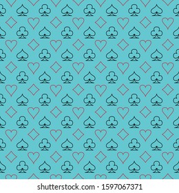 seamless pattern of playing cards suits. poker deck signs and symbols.  blue backdrop. spades, hearts, clubs and diamonds.