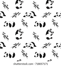 Seamless pattern with playing pandas and bamboo. Hand draw vector illustration