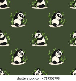Seamless pattern with playing pandas and bamboo. Hand draw vector illustration