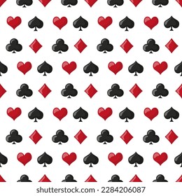 Seamless pattern, playing symbols of hearts, spades, diamonds, clubs on a white background. Casino background, vector