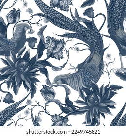 Seamless pattern with pleasant and flowers. Vintage style. Vector.