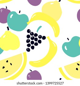 Seamless pattern with plum, apple, pear, banana, melon, grapes - seasonal fruits. Summer food can be usec for print, packing, wallpaper, menu cover. 