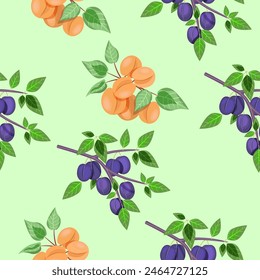 Seamless pattern of plum and apricot branches on a light green background.Vector pattern for textiles, packaging, backgrounds.