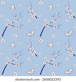 Seamless pattern with plum blossom and butterfly on light blue background. Floral Chinese wallpaper. Oriental vibes illustration. Chinoiserie design.