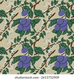 Patrón sin fisuras de ramas de ciruelo con hojas y flores blancas. Ilustración que representa ramas de ciruelas con exuberantes hojas verdes y delicadas flores blancas, dispuestas en un hermoso patrón repetitivo