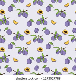 Seamless pattern of plum in cartoon style. Perfect for menu, card, textile, seasonal design
