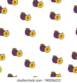 Seamless pattern, plum, plum, and a cross-sectional on a white background, fruit randomly scattered, small