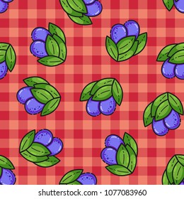 Seamless pattern with plum, cute flat line style. Background for food themed products: package, kitchen textile and accessories, menu, food markets etc.Vector illustration.