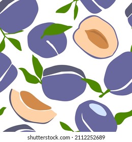 Seamless pattern with plum fruits, branches and leaves. Modern minimalistic ornament with vegan natural healthy food. Vector graphics.