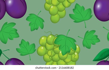 Seamless pattern. Plum and grapes on a green background. vector illustration.