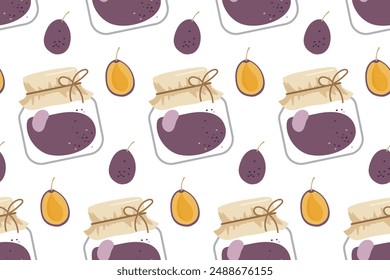 Seamless pattern with Plum Jam, marmalade. Canned ripe plum hand drawn. Jar preserved fruits. Repeated Flat vector for menu, wallpaper, wrapping paper, packing, textile. Farmers market, Vegan food