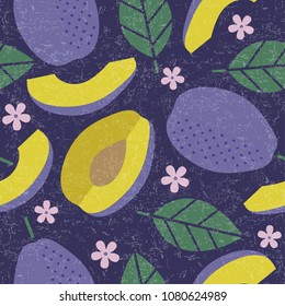 Seamless pattern. Plum juicy fruits leaves and flowers on shabby background.