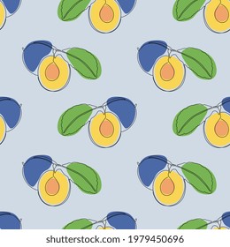 Seamless pattern with plum on blue background. Continuous one line drawing plum. Black line art on blue  background with colorful spots. Vegan concept