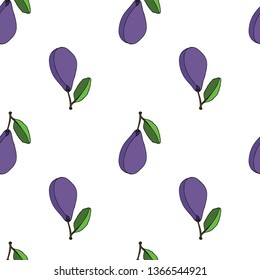 Seamless pattern. Plum on a twig with a leaf. Uniform arrangement of elements. For decoration of fabric, paper Wallpaper, packaging. White background.