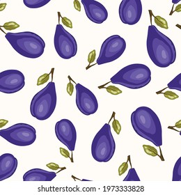 Seamless pattern with plum on white background. Natural delicious fresh ripe tasty fruit. Vector illustration for print, fabric, textile, banner, other design. Stylized plums with leaves. Food concept