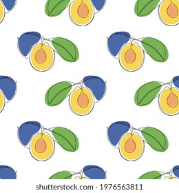 Seamless pattern with plum on white background. Continuous one line drawing plum. Black line art on white background with colorful spots. Vegan concept