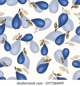 Seamless pattern with plum on white background. Natural delicious fresh ripe tasty fruit. Vector illustration for print, fabric, textile, banner, other design. Stylized plums with leaves. Food concept