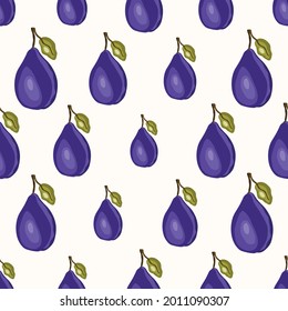 Patrón sin foco con ciruela sobre fondo blanco. Sabrosa fruta fresca fresca y fresca. Ilustración vectorial para impresión, tela, textil, banner, otro diseño. Ciruelas estilizadas con hojas. Concepto de alimentación