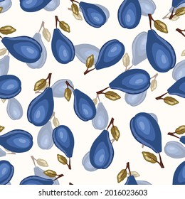 Seamless pattern with plum on white background. Natural delicious fresh ripe tasty fruit. Vector illustration for print, fabric, textile, banner, other design. Stylized plums with leaves. Food concept
