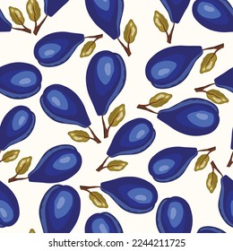 Seamless pattern with plum on white background. Natural delicious fresh ripe tasty fruit. Vector illustration for print, fabric, textile, banner, other design. Stylized plums with leaves. Food concept