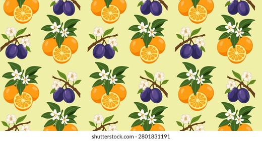 seamless pattern with plum and orange fruits on branches