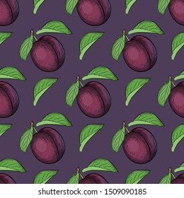 Seamless pattern with plum in sketch style. You can use as fabric print, banner, poster, label, or other. Plum vector illustration