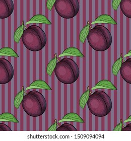 Seamless pattern with plum in sketch style. You can use as fabric print, banner, poster, label, or other. Plum vector illustration in vintage style