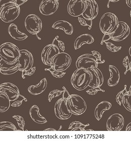 Seamless pattern with plum and plum slice. Vector hand drawn illustration