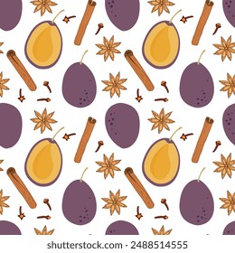 Seamless pattern with Plum and spices ingredients for making desserts, sauces, dishes. Flat vector Food template for menu, farmers market, packing, wallpaper. Repeated Organic healthy nutrition print