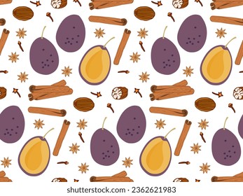 Patrón sin foco con ciruela y especias. Fruta cortada. Ingredientes de ciruela enlatada. Vector plano Plantilla de alimentos para menú, mercado de agricultores, embalaje, papel pintado. Fondo repetido. Nutrición orgánica saludable