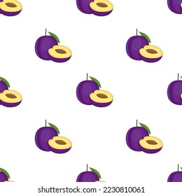 Patrón sin soldadura con ciruela, fruta entera y mitad de corte. Ilustración del vector