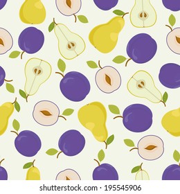 Seamless pattern with plum and yellow pear. Vector illustration.