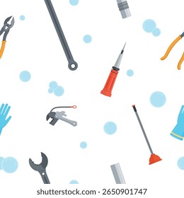 Seamless pattern with plumbing tools. Vector background with pipe wrench, plunger, screwdriver, pliers, pipe cutter, rubber glove, and pipe fitting. Flat style for repair, maintenance, labor day desig