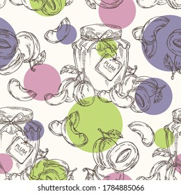 Seamless pattern with plume and jar of jam with plum. Vector hand drawn illustration.