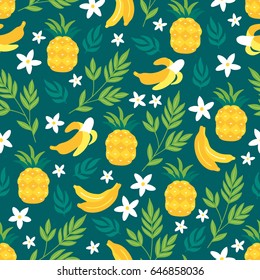 Seamless pattern with plumeria, banana, tropical leaves and pineapple on dark background