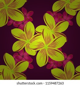 Seamless pattern with plumeria flowers. Seamless abstract floral pattern in purple, brown and yellow colors. Geometric leaf ornament. Graphic modern pattern. Cute vector background.
