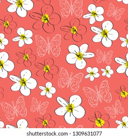 Seamless pattern with plumeria flowers butterflies sketch, black contour pink coral yellow white background. simple ornament, Can be used for Gift wrap, fabrics, wallpapers. Vector