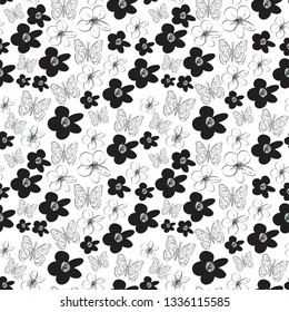 Seamless pattern with plumeria flowers butterflies sketch, black contour isolated on white background. simple ornament, Can be used for Gift wrap, fabrics, wallpapers. Vector