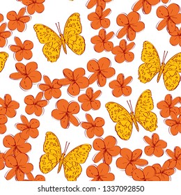 Seamless pattern plumeria flowers butterflies sketch, burgundy orange yellow contour isolated on white background. simple ornament, Can be used for Gift wrap, fabrics, wallpapers. Vector