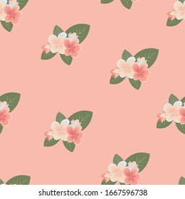 Seamless pattern of plumeria flowers with green leaves on pink background.  Bright summer frangipani illustration in flat style. Cute print for textile, parthy or room