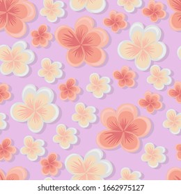Seamless pattern of plumeria flowers  on pink background.  Bright summer frangipani illustration in flat style. Cute print for textile, parthy or room