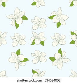 seamless pattern with plumeria flowers on blue background, vector illustration