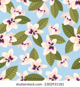 Seamless pattern with plumeria flowers, rich leaves, fresh foliage. Nature design with sakura blossoms for wrapping paper, cover, fabric, interior decor, stationery design, print, wallpaper. Vector