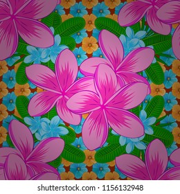 Seamless pattern with plumeria flowers. Trendy print in magenta, blue and pink colors. Beautiful pattern for decoration and design. Exquisite pattern with plumeria flowers in vintage style.