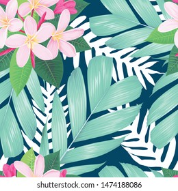 Seamless pattern of plumeria flowers and tropical leaf background. Vector set of exotic tropical garden for holiday invitations, greeting card and fashion design.