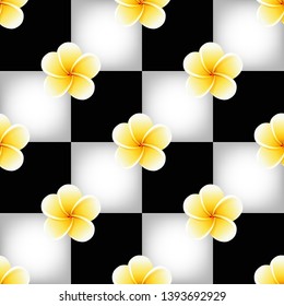 Seamless pattern with Plumeria or Frangipani flowers on black and white chessboard for textile, fabric, bedlinen, pillow, undergarment, wallpaper. Vector illustration.