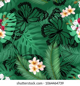 Seamless pattern with plumeria and orchid flowers, palm and monstera leaves and butterfly silhouettes. Floral seamless background for print design.